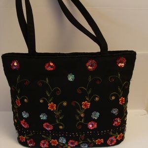 black handbag beautiful beaded flowers